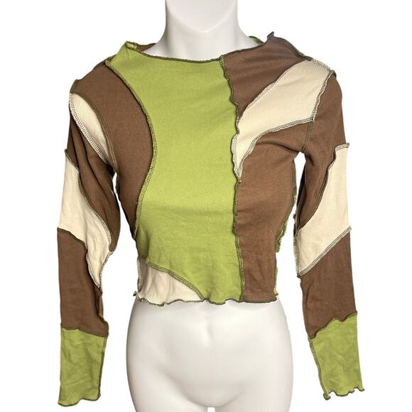 Minga London Green Brown Patchwork Lettuce Hem Long Sleeve Crop Top Size X-Small - Picture 1 of 5